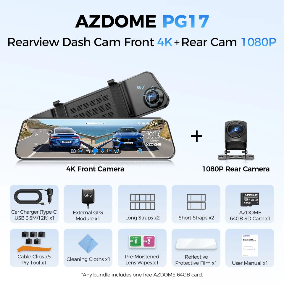 PG17 12" Wifi Mirror Dash Cam 4K Front and 1080P Rear View Mirror Camera for Cars Dual Camera Waterproof Backup Camera