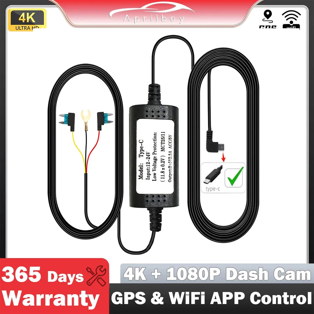 Aprilboy Type-C 3.5 Meters Hardwire Kits for Dash Cam 24H Parking Monitoring Car DVR Dashcam Camera Hardwire Kit Car Accessories