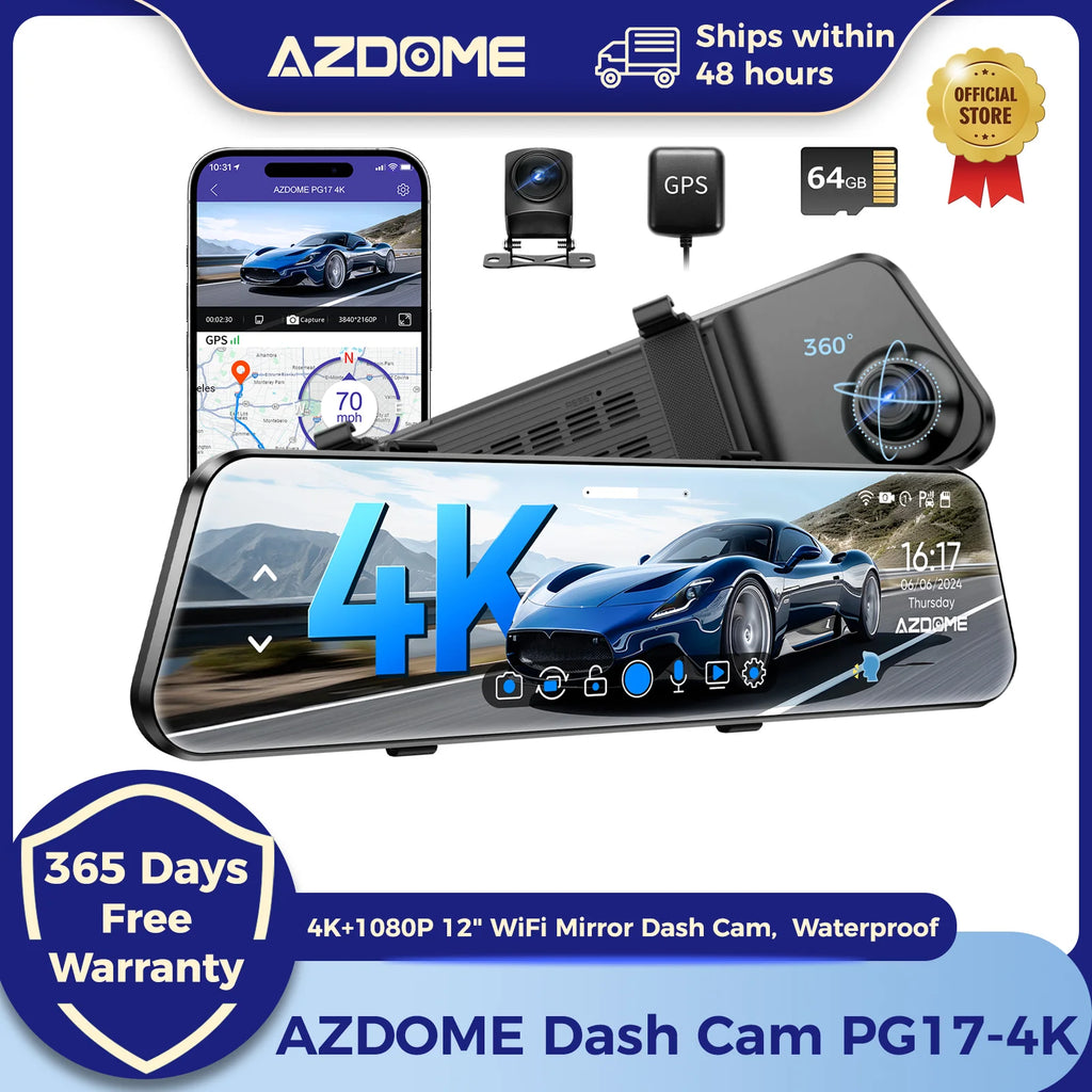 PG17 12" Wifi Mirror Dash Cam 4K Front and 1080P Rear View Mirror Camera for Cars Dual Camera Waterproof Backup Camera