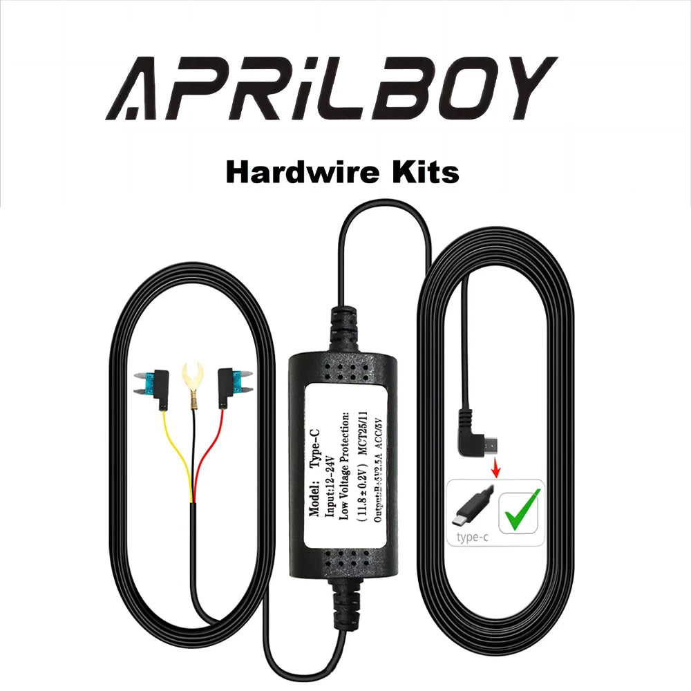 Aprilboy Type-C 3.5 Meters Hardwire Kits for Dash Cam 24H Parking Monitoring Car DVR Dashcam Camera Hardwire Kit Car Accessories