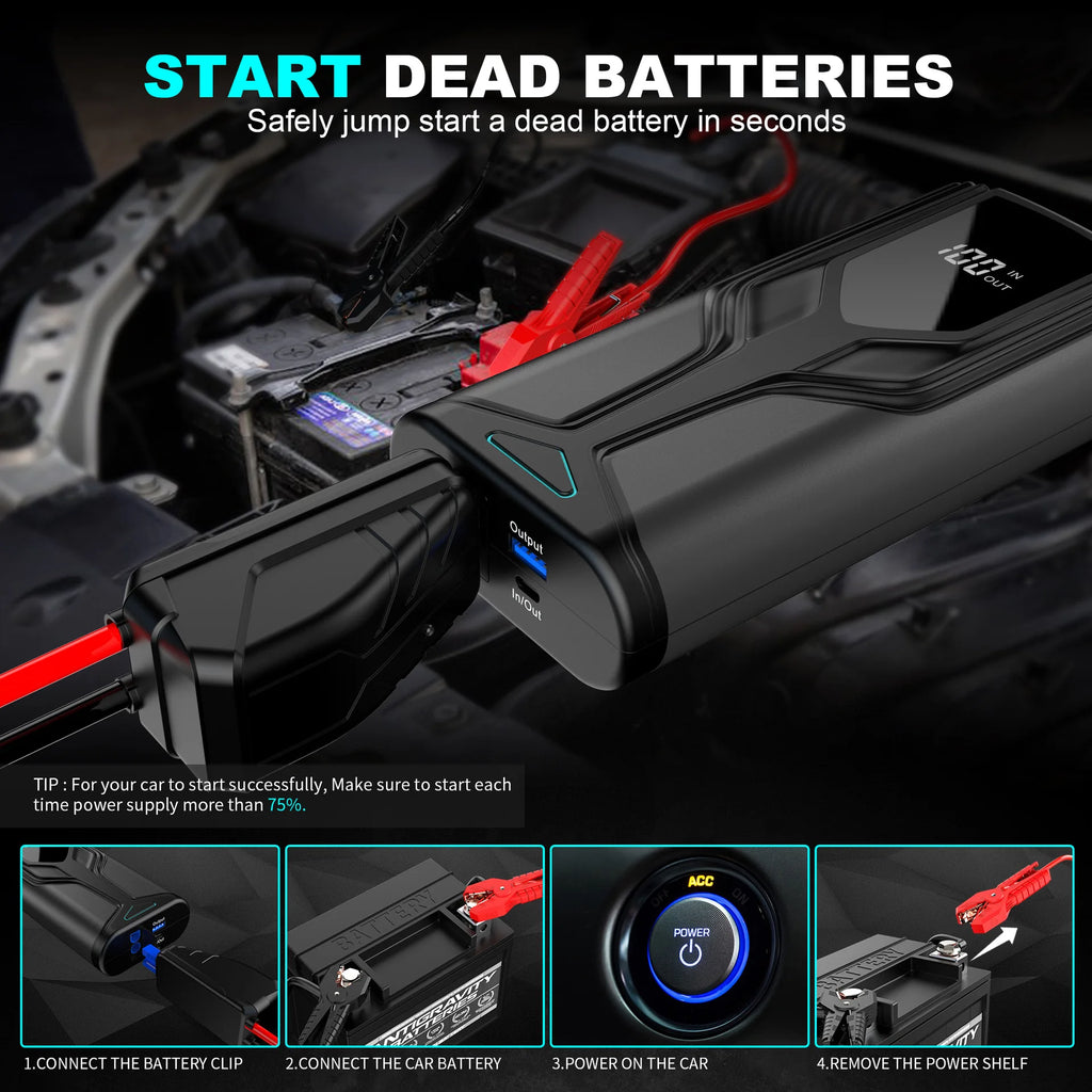 Portable 12V Car Jump Starter Power  Auto Battery Booster Emergency Starting Device Smart Charger for Gas Diesel Cars