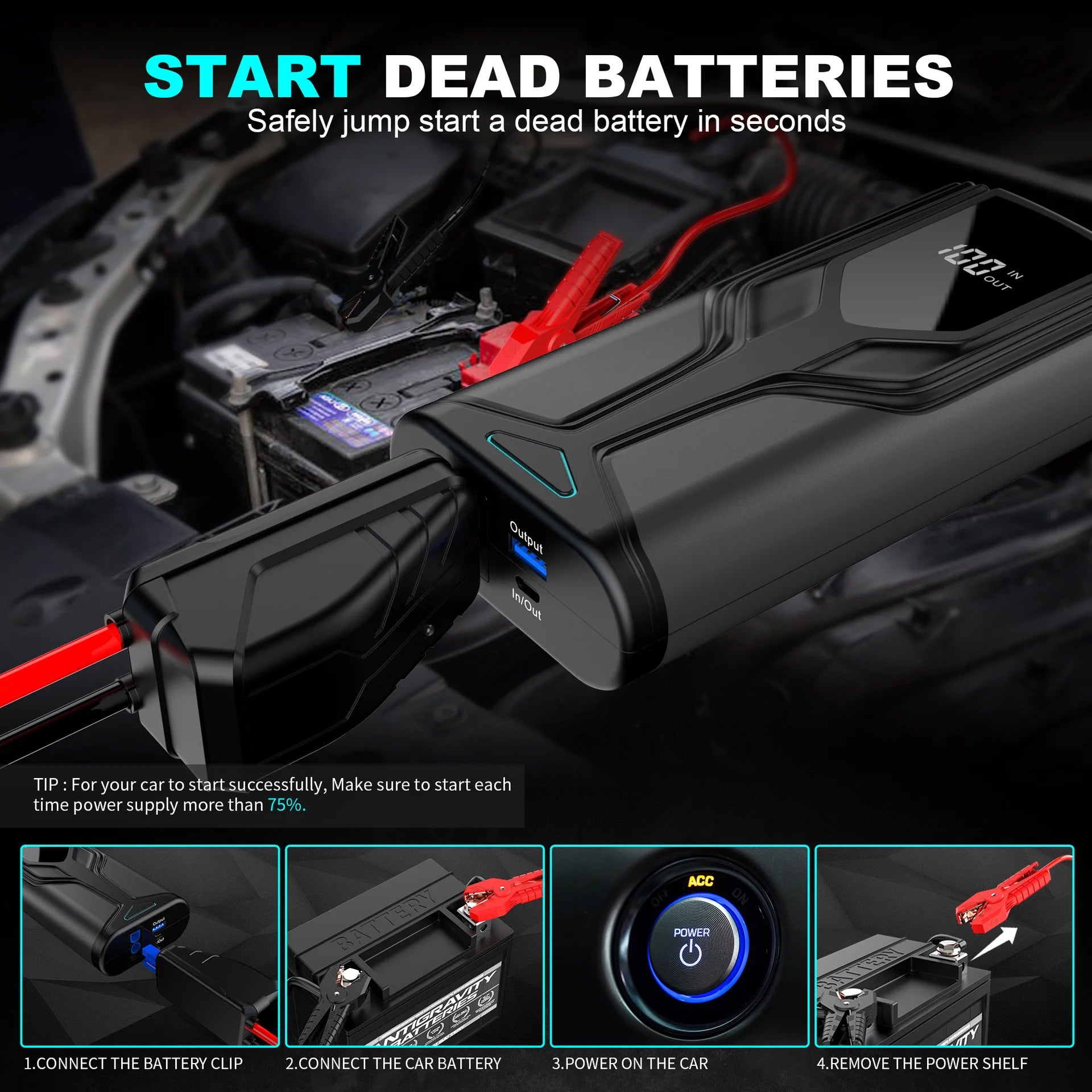 Portable 12V Car Jump Starter Power  Auto Battery Booster Emergency Starting Device Smart Charger for Gas Diesel Cars