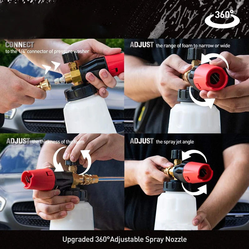 Foam Nozzle Snow Foam Lance Foam Bottle Sprayer Adjustable Angle with 1/4 Quick Connection Three Layers of Foam Mesh Car Wash