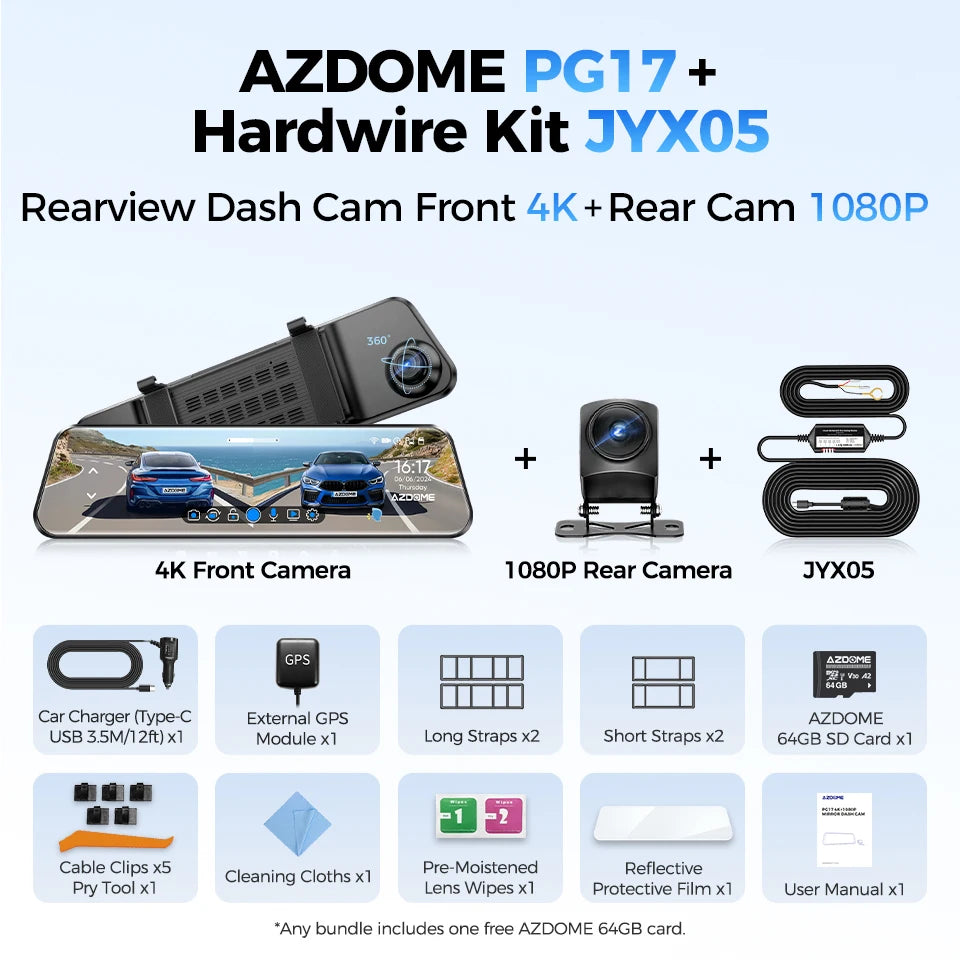 PG17 12" Wifi Mirror Dash Cam 4K Front and 1080P Rear View Mirror Camera for Cars Dual Camera Waterproof Backup Camera
