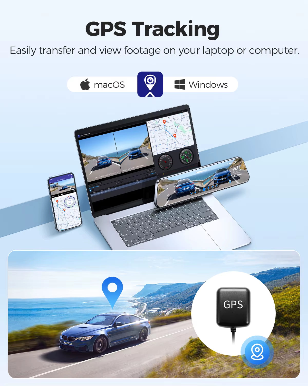 PG17 12" Wifi Mirror Dash Cam 4K Front and 1080P Rear View Mirror Camera for Cars Dual Camera Waterproof Backup Camera