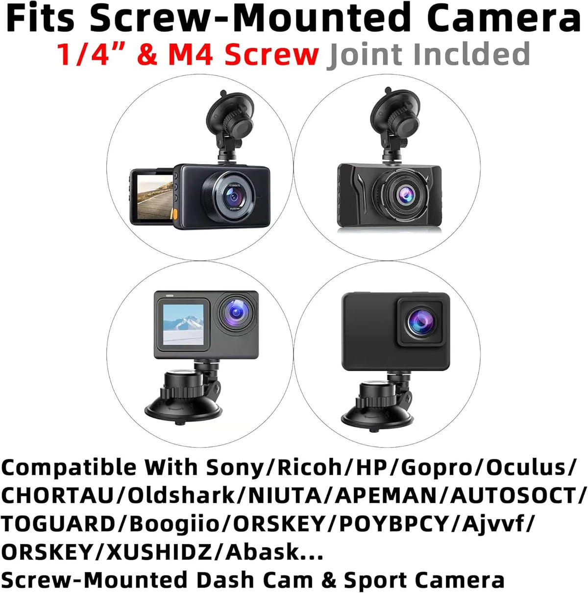 1/4" & M4 Thread Camera Windshield Suction Cup Mount Holder & Dashboard Tripod Adhesive Mount for Screw Dash Cam Sport Camera