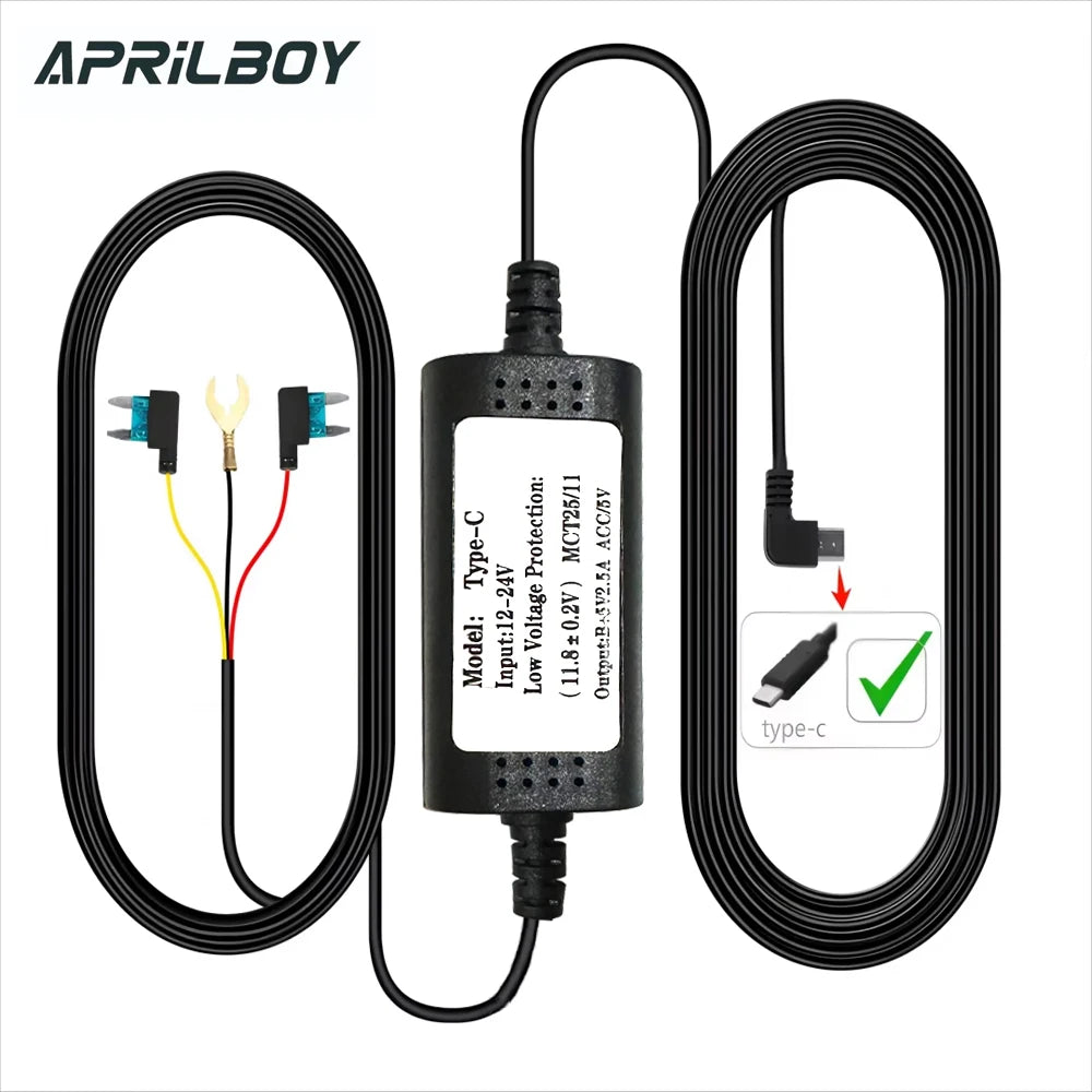 Aprilboy Type-C 3.5 Meters Hardwire Kits for Dash Cam 24H Parking Monitoring Car DVR Dashcam Camera Hardwire Kit Car Accessories
